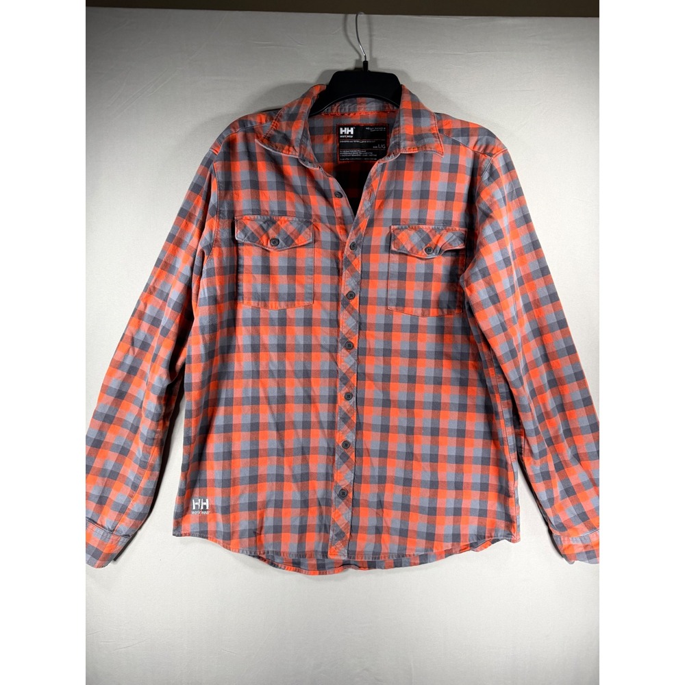 Helly Hansen Workwear Mens Large Flannel Shirt Orange Grey Plaid L/S Button Up
